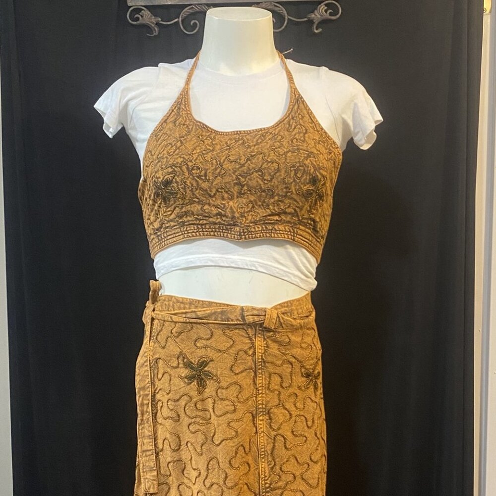 Vintage 80s Bronze Wrap Skirt and Halter Set - Bohemian Beach Set - One Size